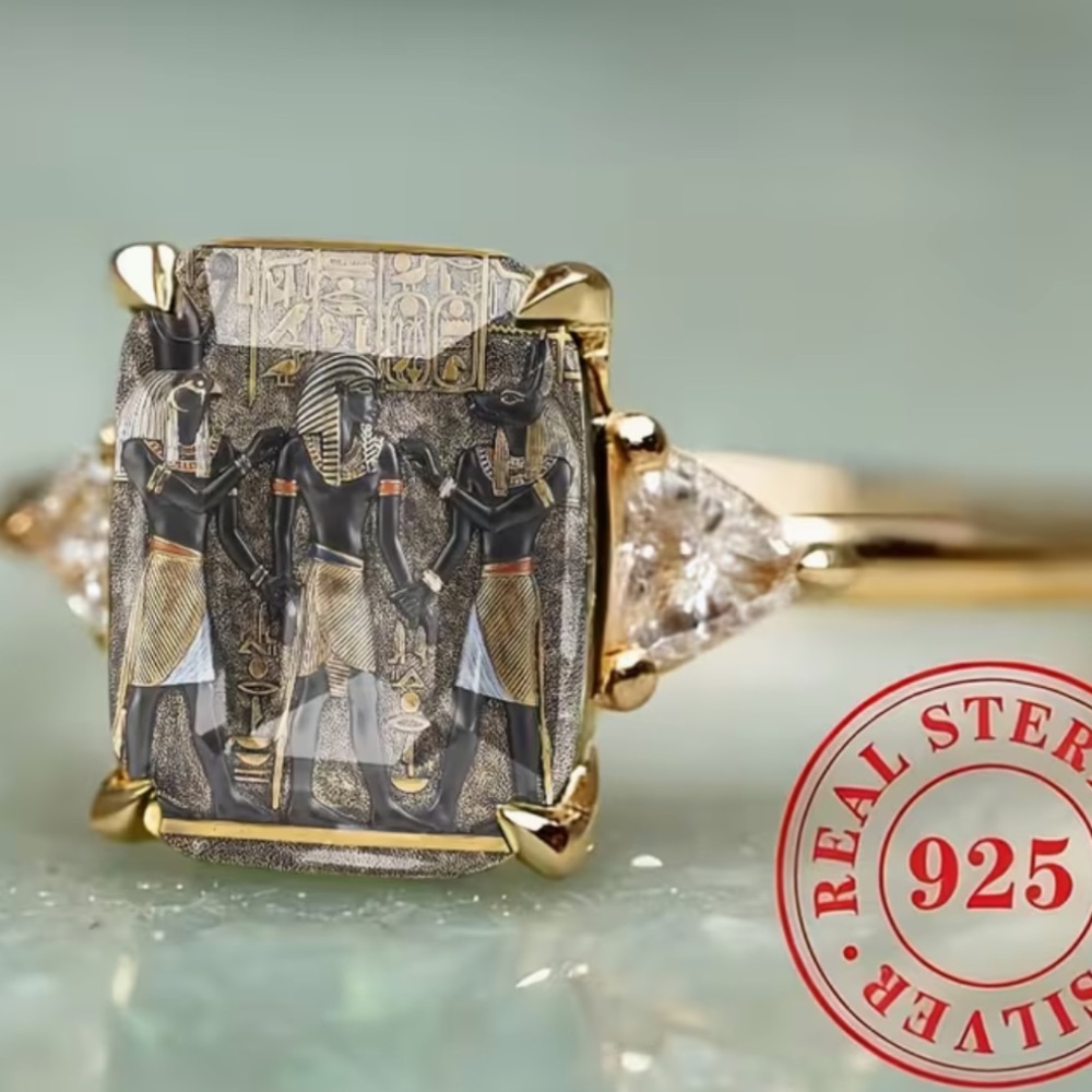 Soon NEW 9/22 Boho Pharoah Gold-Tone Egyptian Motif Rectangle Ring
